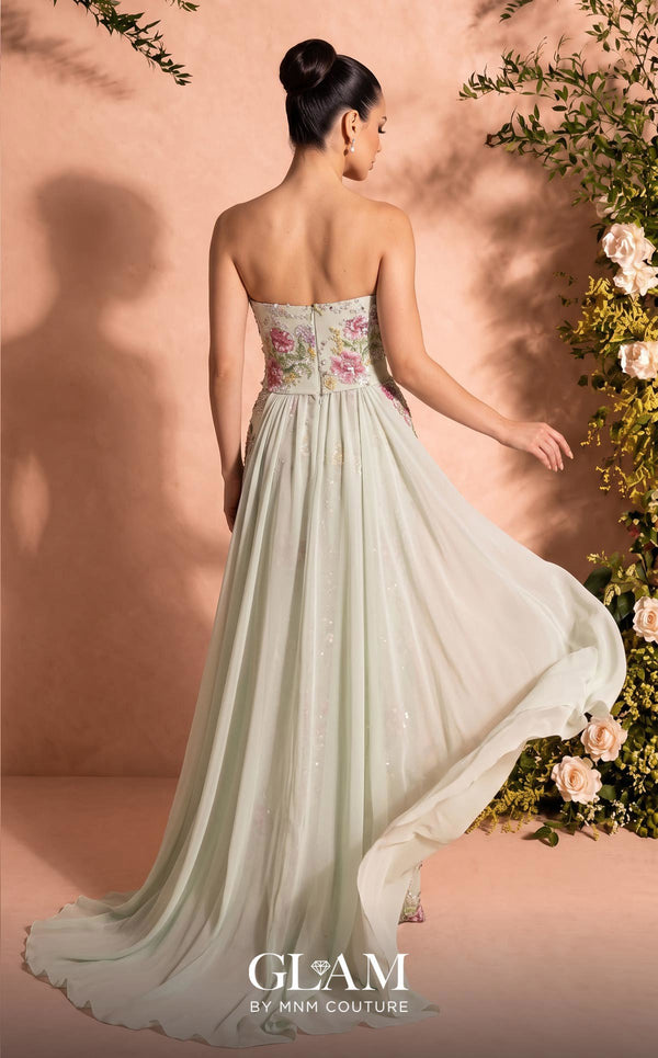 MNM Couture O07858 strapless lace column gown with exposed corsetry, crystals, pearls, and chiffon train