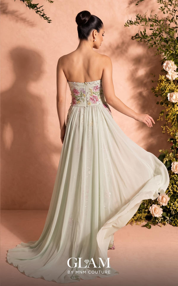 MNM Couture O07858 strapless lace column gown with exposed corsetry, crystals, pearls, and chiffon train