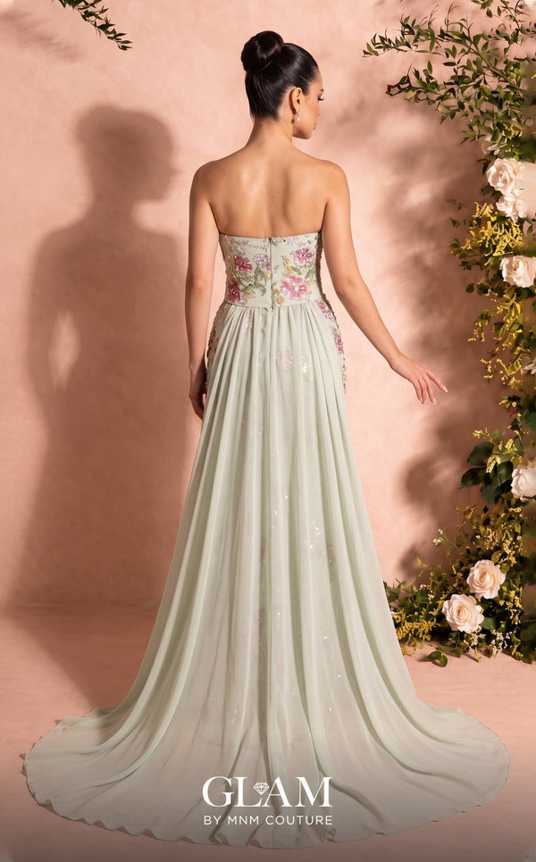 MNM Couture O07858 strapless lace column gown with exposed corsetry, crystals, pearls, and chiffon train