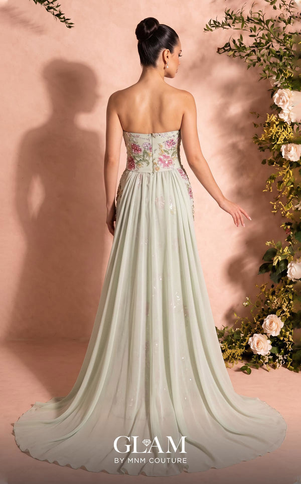 MNM Couture O07858 strapless lace column gown with exposed corsetry, crystals, pearls, and chiffon train