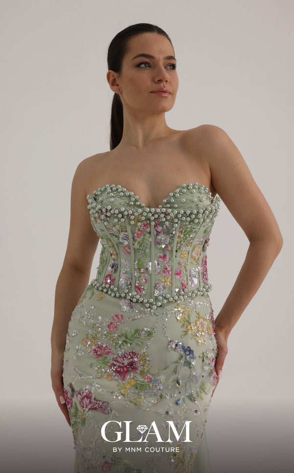 MNM Couture O07858 strapless lace column gown with exposed corsetry, crystals, pearls, and chiffon train