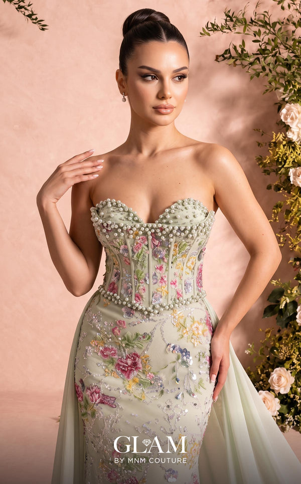 MNM Couture O07858 strapless lace column gown with exposed corsetry, crystals, pearls, and chiffon train
