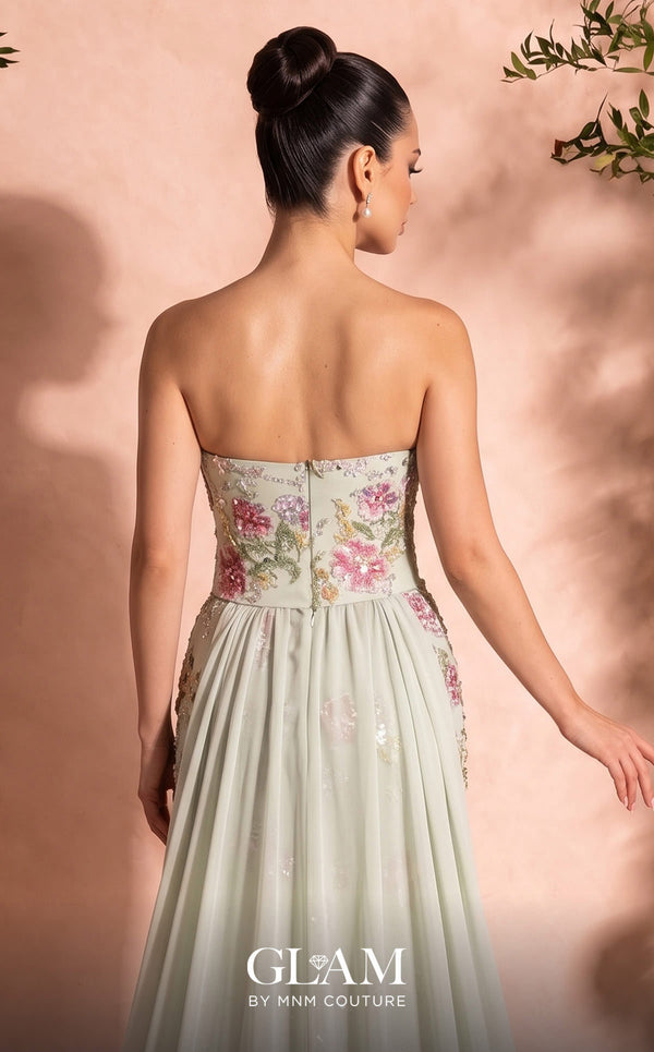MNM Couture O07858 strapless lace column gown with exposed corsetry, crystals, pearls, and chiffon train
