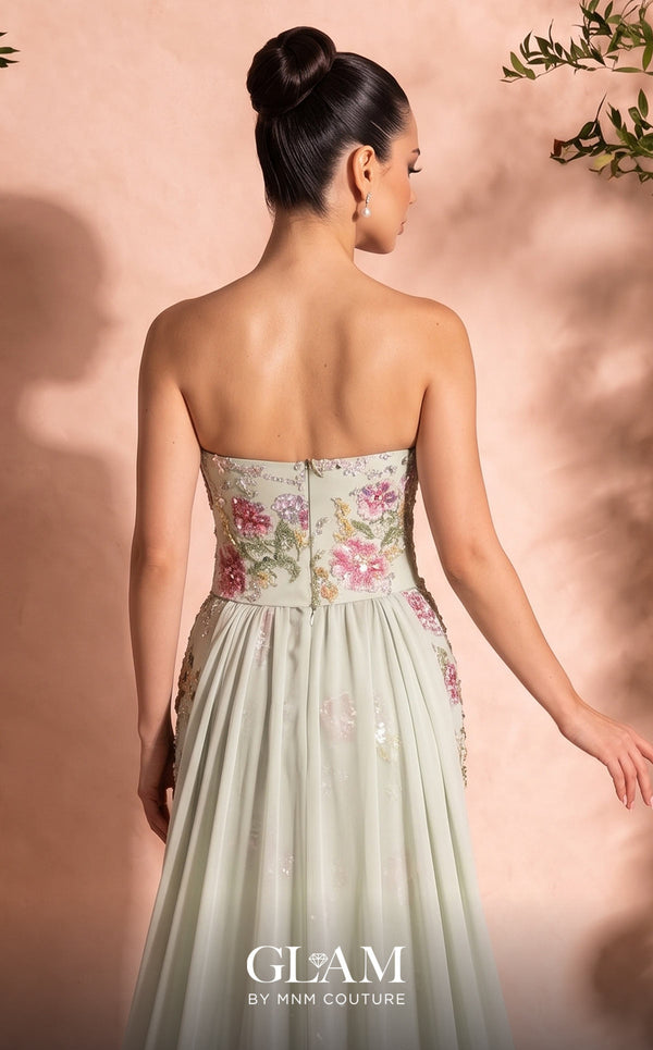 MNM Couture O07858 strapless lace column gown with exposed corsetry, crystals, pearls, and chiffon train