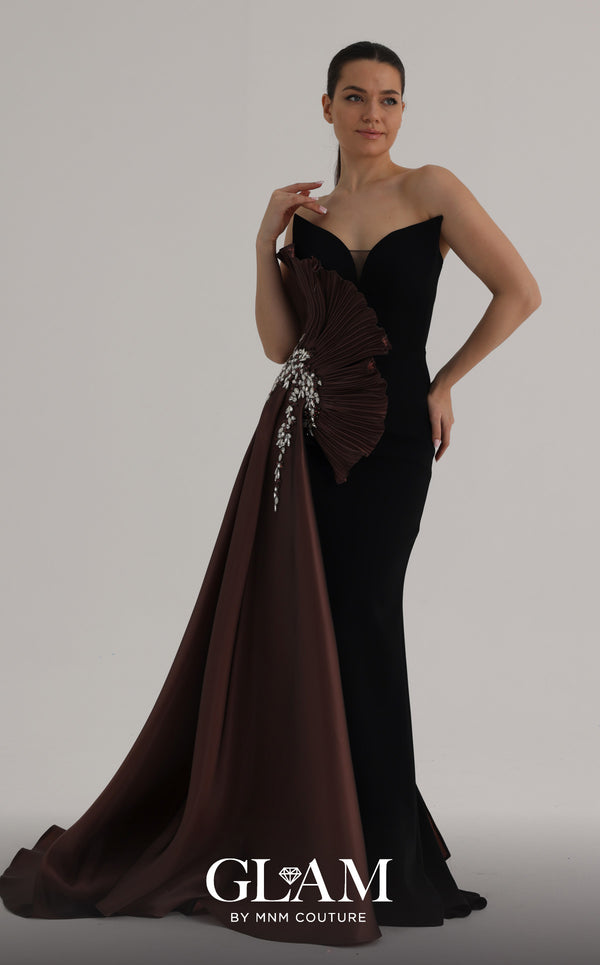 MNM Couture O07862 crepe organza gown with pointed neckline, sweetheart mesh bust, and lustrous side train