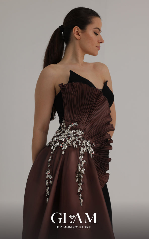 MNM Couture O07862 crepe organza gown with pointed neckline, sweetheart mesh bust, and lustrous side train
