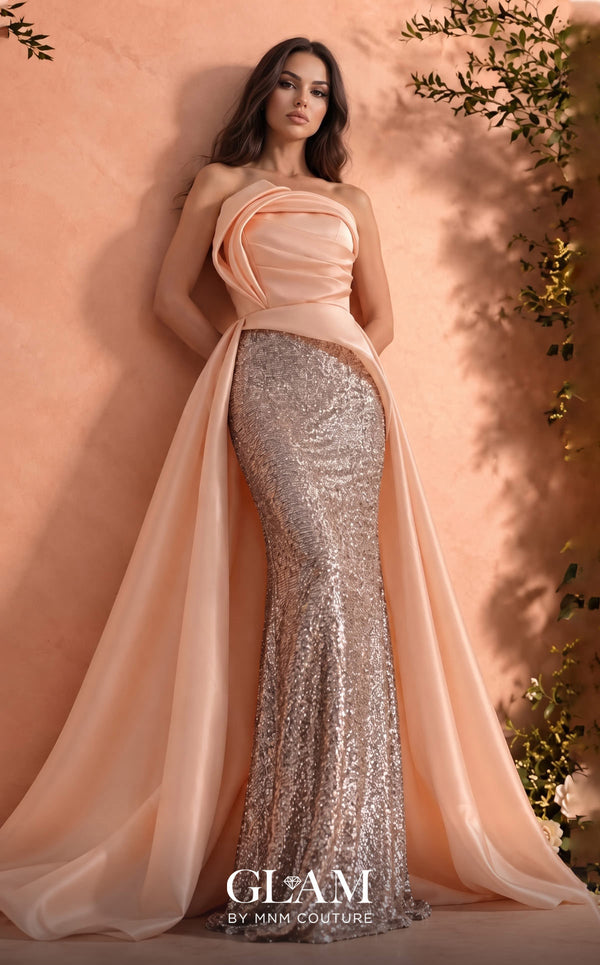 MNM Couture O07863 strapless sequin column gown with fitted corset and dramatic organza overskirt train