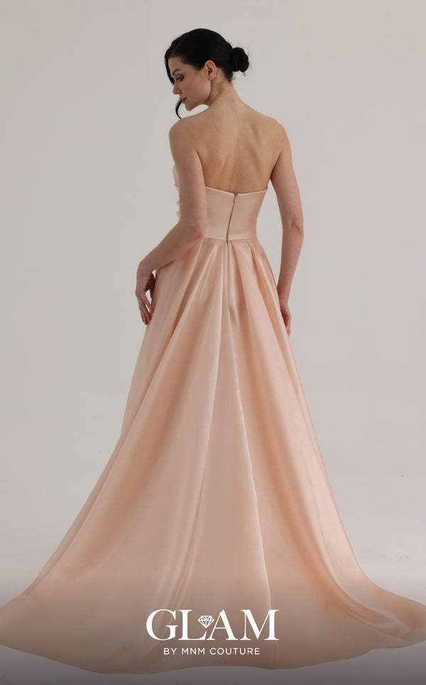 MNM Couture O07863 strapless sequin column gown with fitted corset and dramatic organza overskirt train