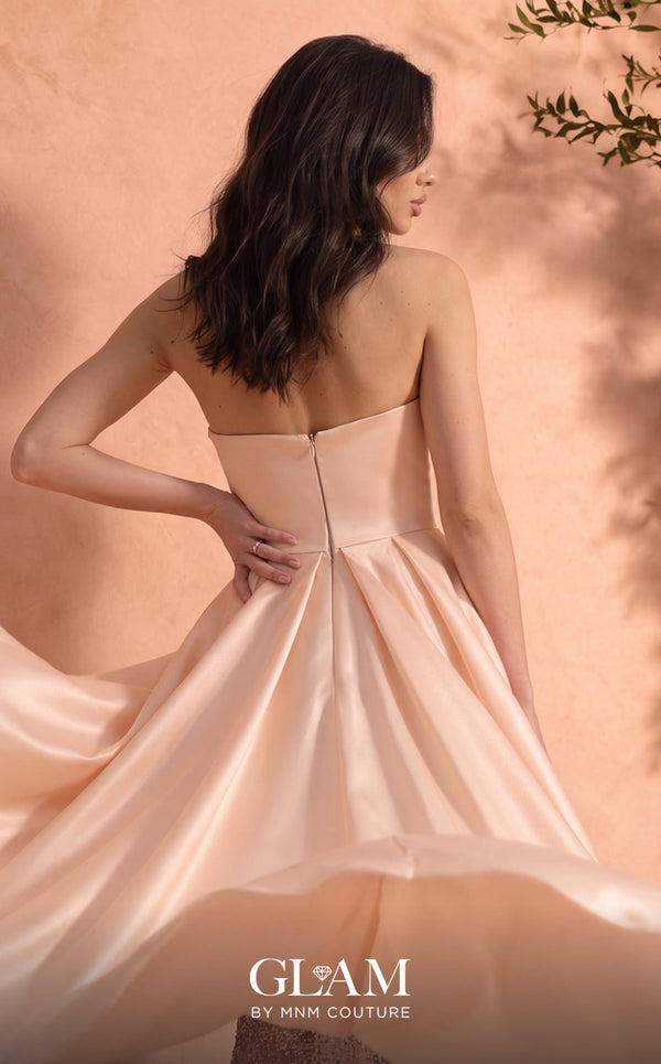 MNM Couture O07863 strapless sequin column gown with fitted corset and dramatic organza overskirt train