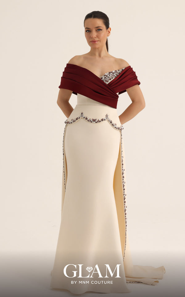 MNM Couture Style O07865 off-the-shoulder crepe column gown with crystal-embellished draped satin and corset | Couture Shop LA
