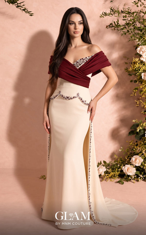 MNM Couture Style O07865 off-the-shoulder crepe column gown with crystal-embellished draped satin and corset | Couture Shop LA