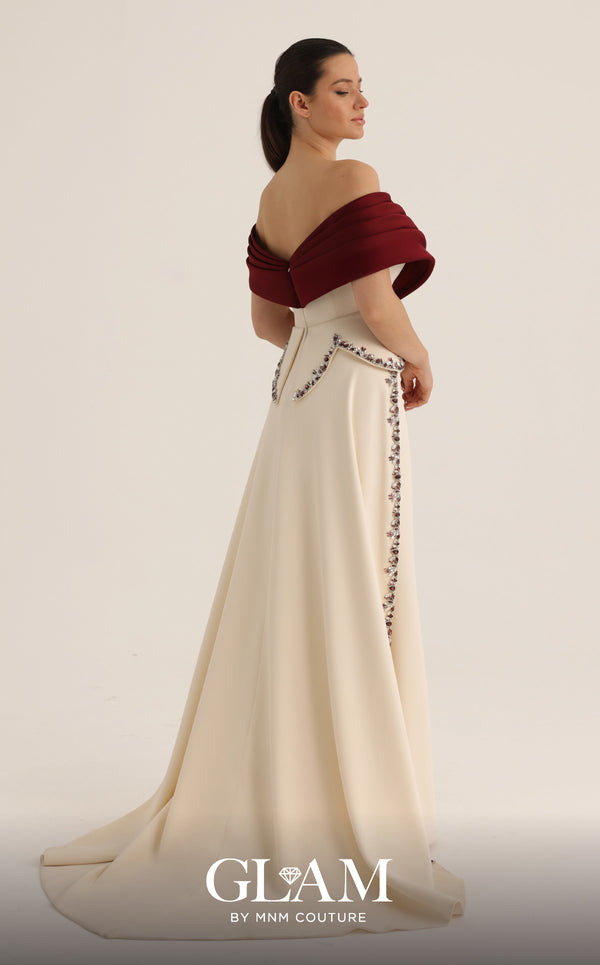 MNM Couture Style O07865 off-the-shoulder crepe column gown with crystal-embellished draped satin and corset | Couture Shop LA