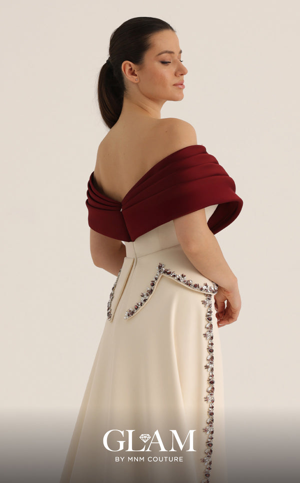 MNM Couture Style O07865 off-the-shoulder crepe column gown with crystal-embellished draped satin and corset | Couture Shop LA