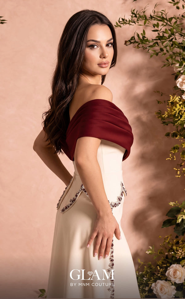 MNM Couture Style O07865 off-the-shoulder crepe column gown with crystal-embellished draped satin and corset | Couture Shop LA