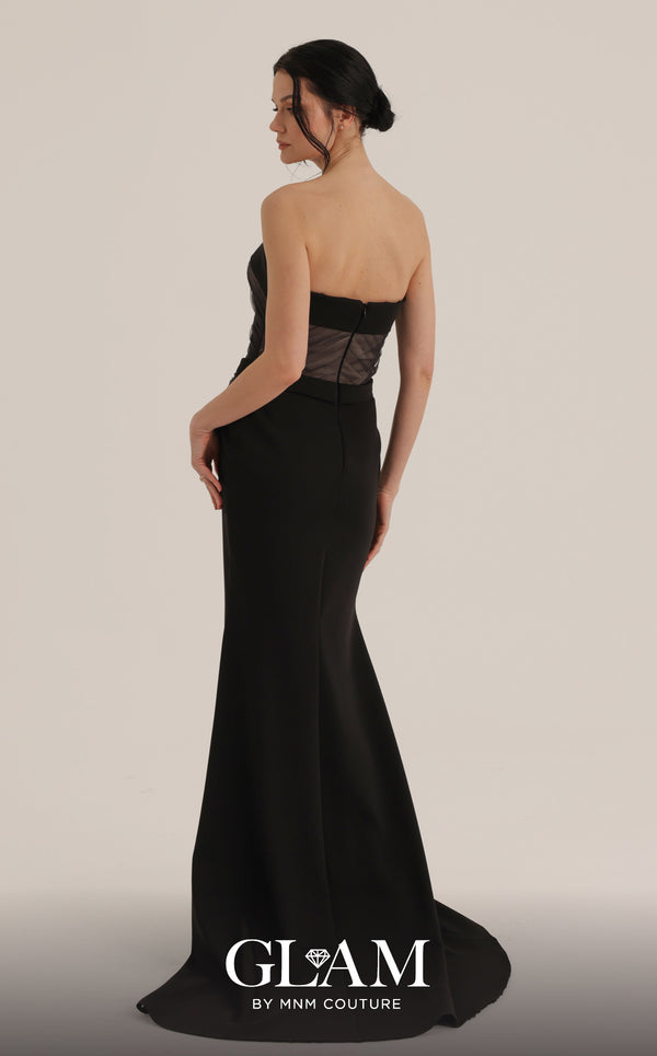 MNM Couture O07868 strapless crepe corset gown with ruched mesh draping, prong-set crystals, and side slit