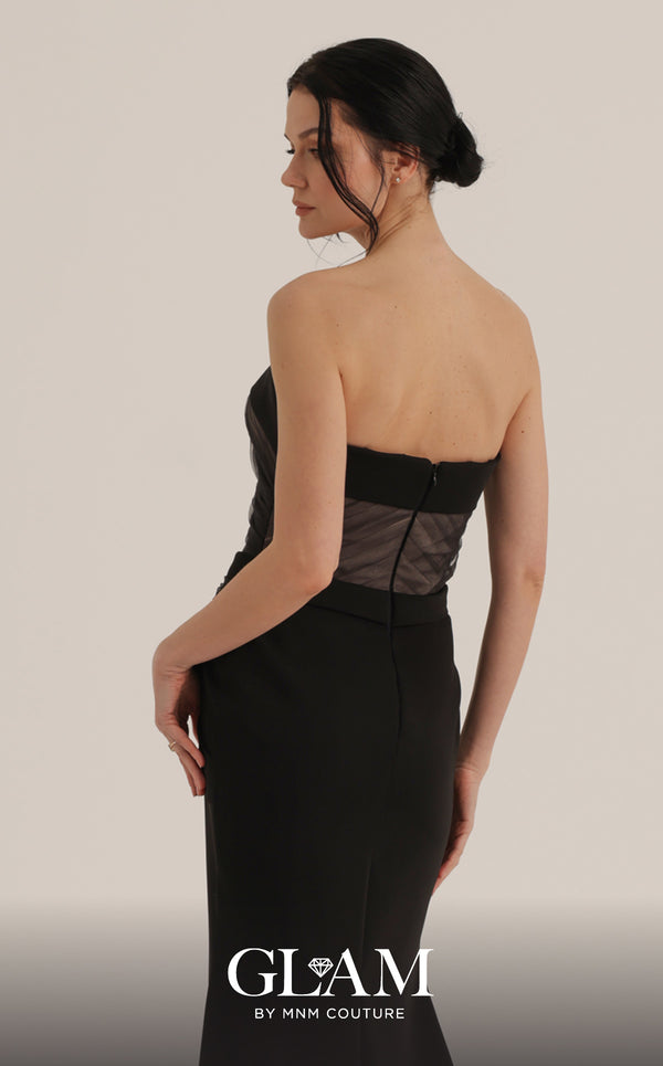 MNM Couture O07868 strapless crepe corset gown with ruched mesh draping, prong-set crystals, and side slit