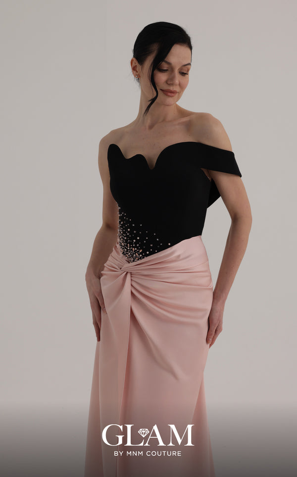 MNM Couture O07870 asymmetric satin gown with off-shoulder sleeve, sarong draping, rhinestones, and side slit
