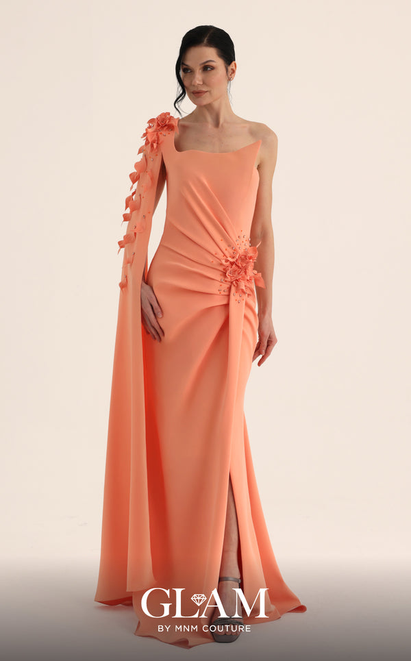 MNM Couture Style O07883 asymmetric cap sleeve crepe gown with floral and rhinestone embellishments | Couture Shop LA