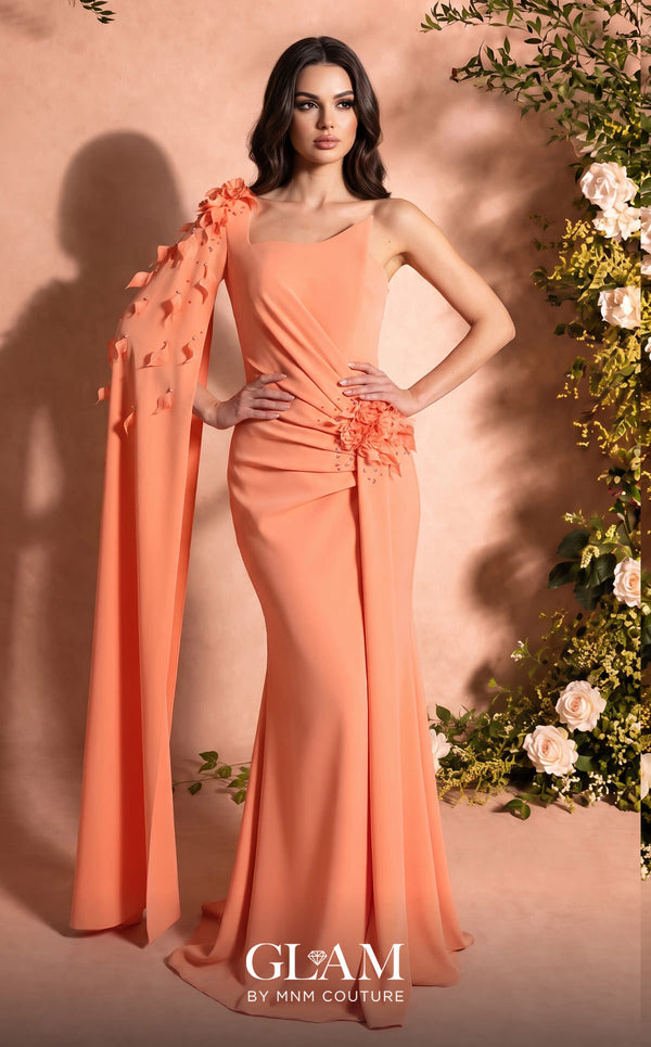 MNM Couture Style O07883 asymmetric cap sleeve crepe gown with floral and rhinestone embellishments | Couture Shop LA