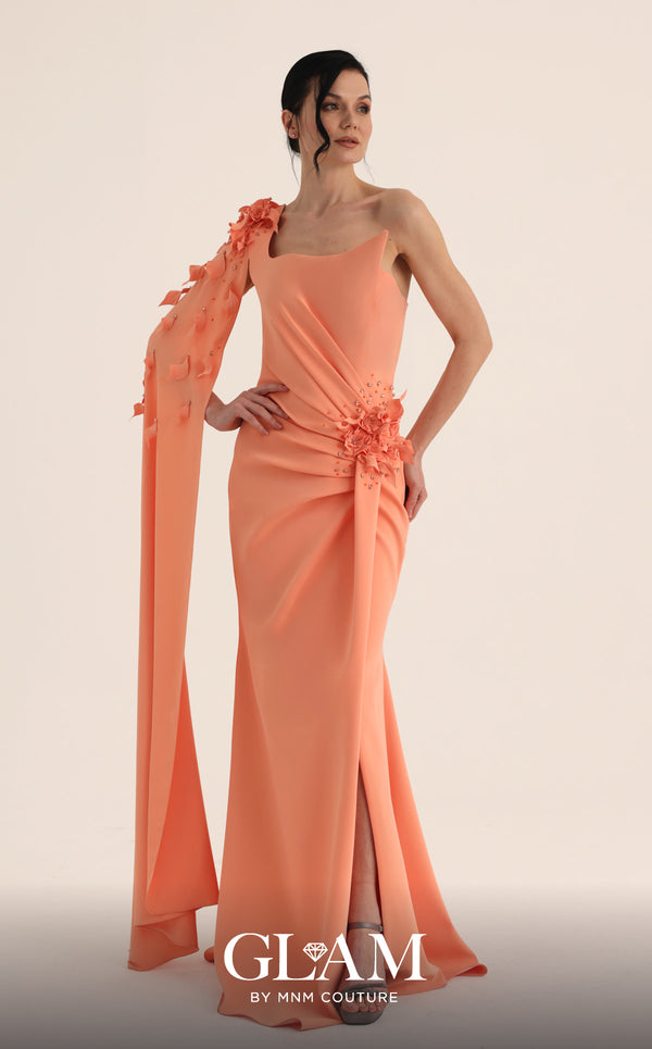MNM Couture Style O07883 asymmetric cap sleeve crepe gown with floral and rhinestone embellishments | Couture Shop LA