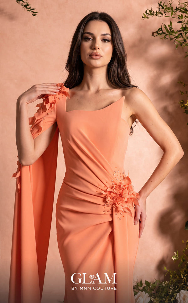 MNM Couture Style O07883 asymmetric cap sleeve crepe gown with floral and rhinestone embellishments | Couture Shop LA