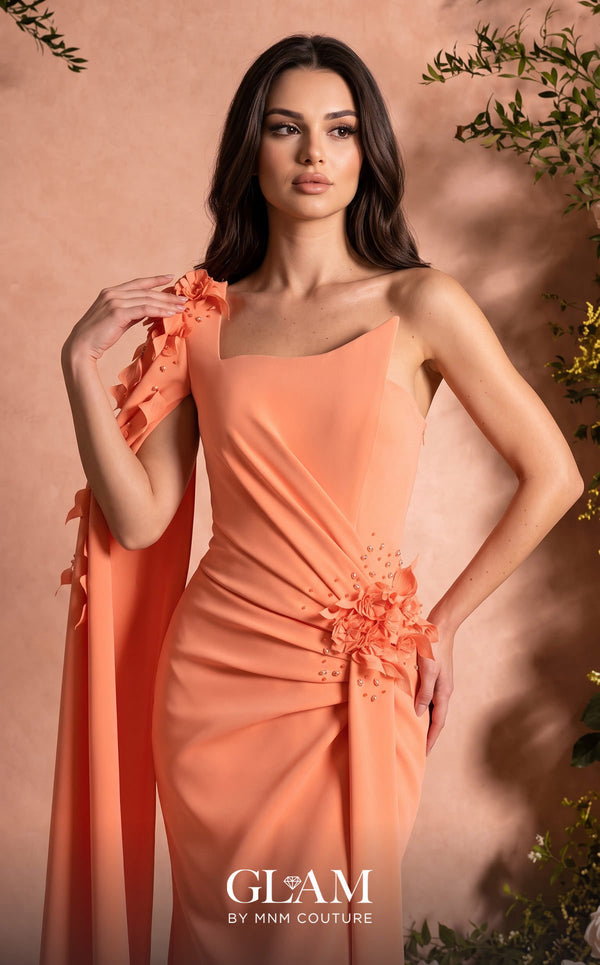 MNM Couture Style O07883 asymmetric cap sleeve crepe gown with floral and rhinestone embellishments | Couture Shop LA