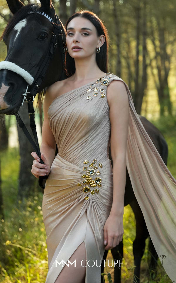 MNM Couture O07923 gold-to-ivory ombre one-shoulder ruched chiffon gown with floor-length shoulder cape, 3D gold floral brooches, and high front leg slit | Couture Shop LA