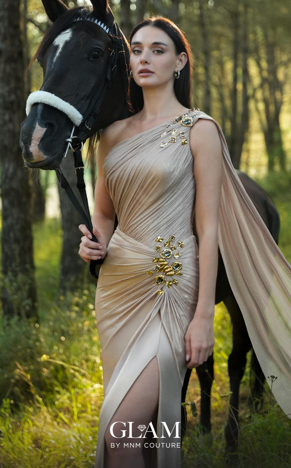 MNM Couture O07923 one-shoulder ruched chiffon gown with floor-length shoulder cape, 3D gold floral brooches, and high front leg slit | Couture Shop LA