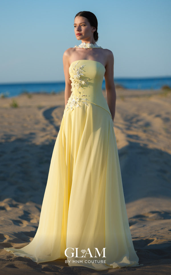 MNM Couture O09001 strapless chiffon A-line gown with 3D white floral and crystal bodice appliqués, slight train, and detachable floral choker with two chiffon écharpe panels | Couture Shop LA