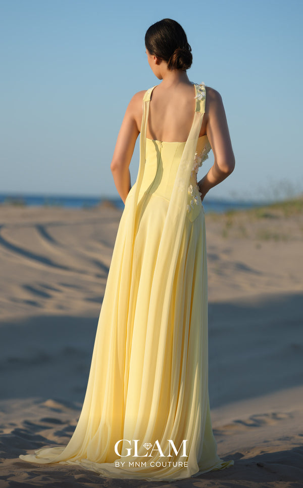MNM Couture O09001 butter yellow strapless chiffon A-line gown with 3D white floral and crystal bodice appliqués, slight train, and detachable floral choker with two chiffon écharpe panels | Couture Shop LA