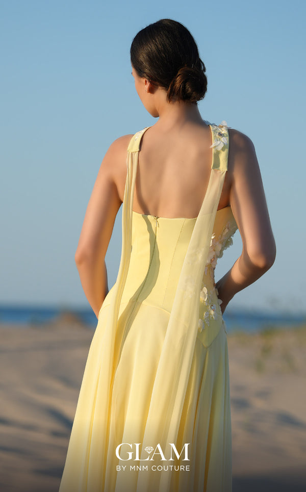 MNM Couture O09001 butter yellow strapless chiffon A-line gown with 3D white floral and crystal bodice appliqués, slight train, and detachable floral choker with two chiffon écharpe panels | Couture Shop LA