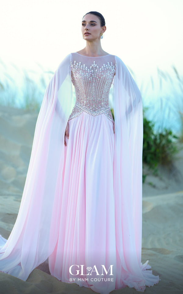 MNM Couture O09004 blush pink A-line gown with fully beaded illusion corset bodice, high bateau neckline, floor-length chiffon cape panels at both shoulders, and full chiffon skirt with sweep train | Couture Shop LA