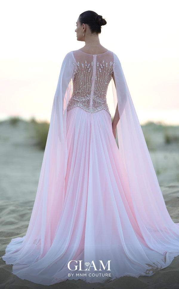 MNM Couture O09004 blush pink A-line gown with fully beaded illusion corset bodice, high bateau neckline, floor-length chiffon cape panels at both shoulders, and full chiffon skirt with sweep train | Couture Shop LA