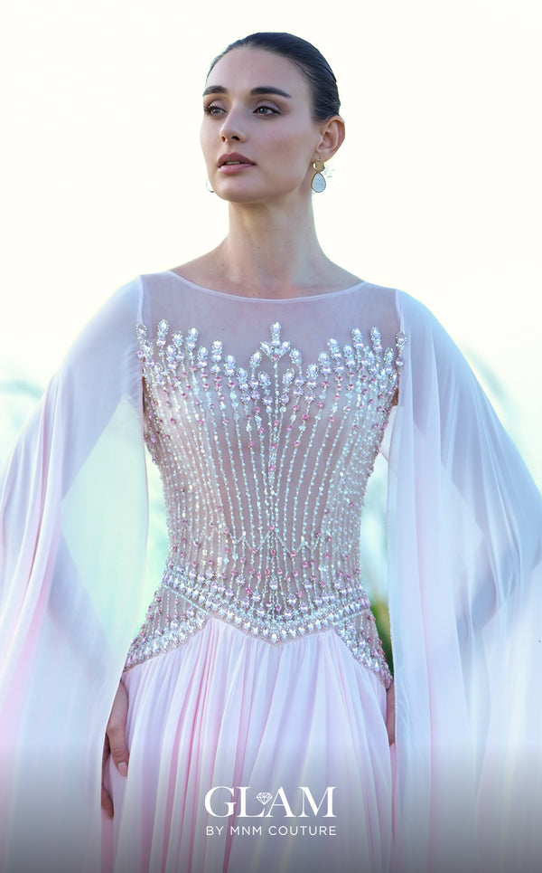 MNM Couture O09004 blush pink A-line gown with fully beaded illusion corset bodice, high bateau neckline, floor-length chiffon cape panels at both shoulders, and full chiffon skirt with sweep train | Couture Shop LA