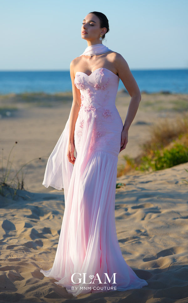 MNM Couture O09005 blush strapless sweetheart gown with 3D lace floral appliqués, wrapped chiffon overskirt, floral waist buckle, floor-length front cascade panel, and chiffon choker band | Couture Shop LA