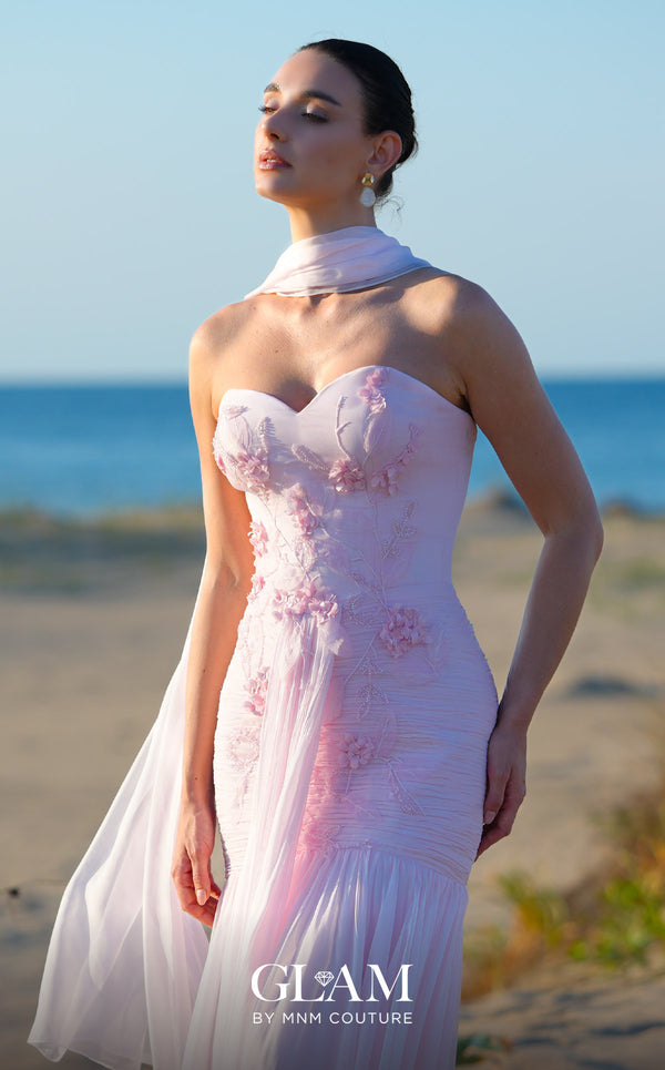 MNM Couture O09005 blush strapless sweetheart gown with 3D lace floral appliqués, wrapped chiffon overskirt, floral waist buckle, floor-length front cascade panel, and chiffon choker band | Couture Shop LA