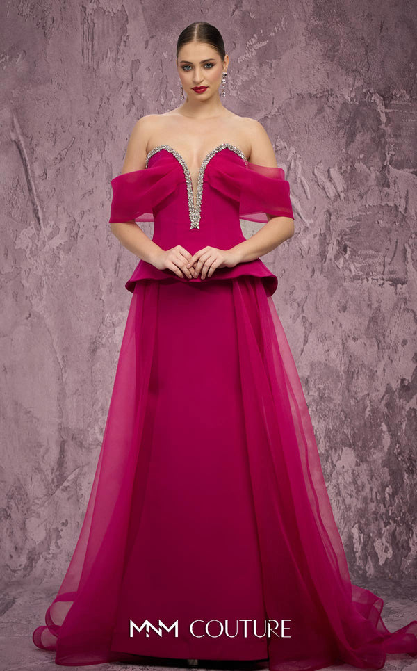 MNM Couture Style Q1010 strapless ballgown with a crystal-embellished deep V-neckline and flowy organza peplum skirt. \Couture Shop LA