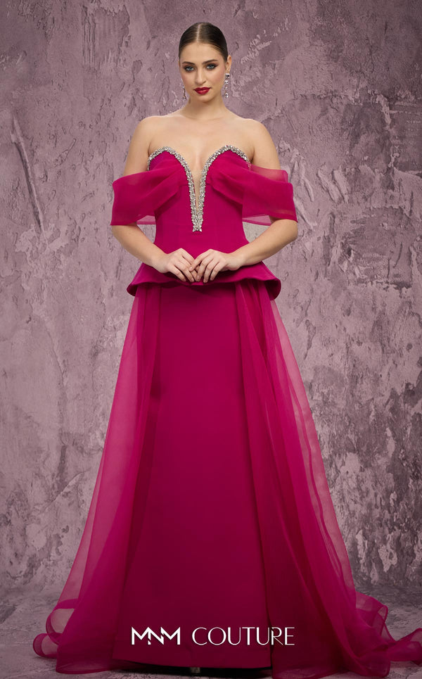 MNM Couture Style Q1010 strapless ballgown with a crystal-embellished deep V-neckline and flowy organza peplum skirt. \Couture Shop LA