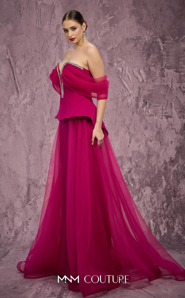 MNM Couture Style Q1010 strapless ballgown with a crystal-embellished deep V-neckline and flowy organza peplum skirt. \Couture Shop LA