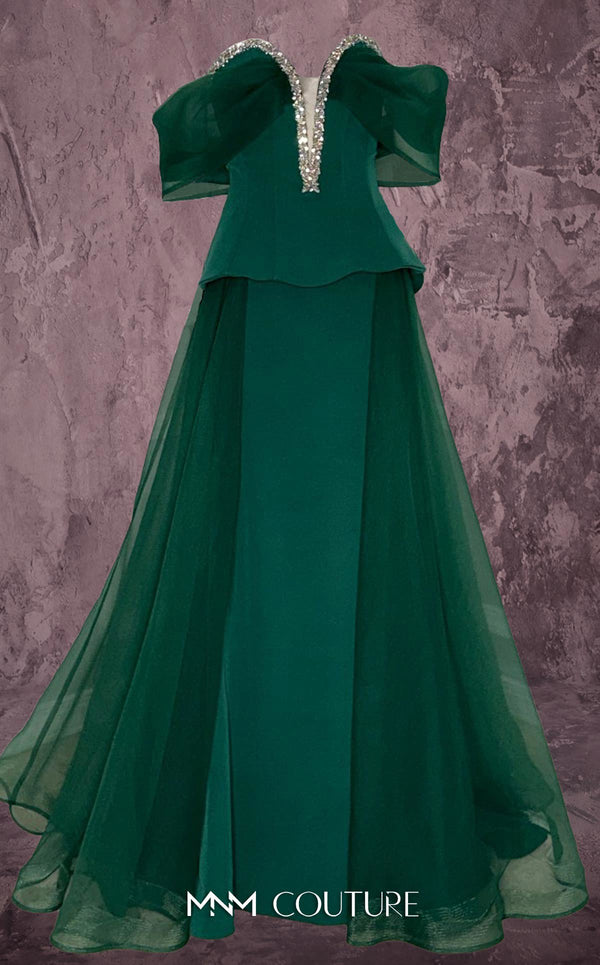 MNM Couture Style Q1010 strapless ballgown with a crystal-embellished deep V-neckline and flowy organza peplum skirt. \Couture Shop LA