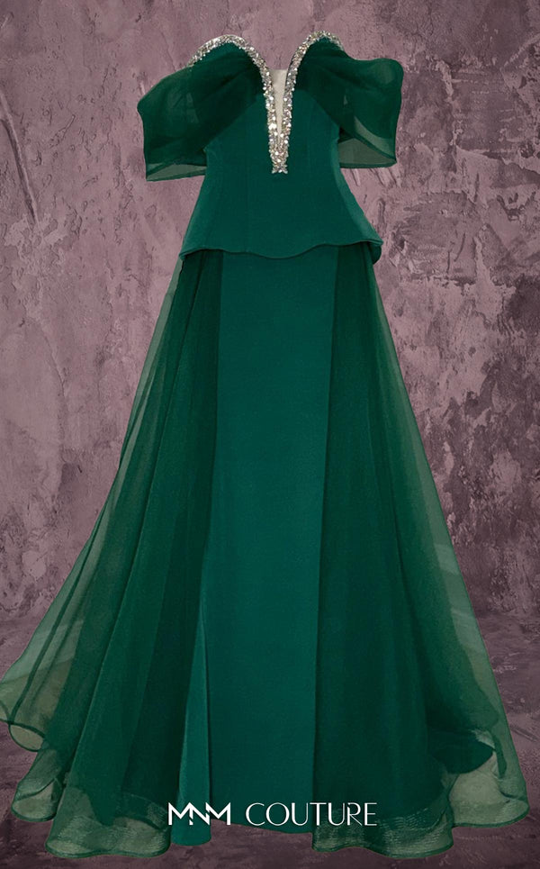 MNM Couture Style Q1010 strapless ballgown with a crystal-embellished deep V-neckline and flowy organza peplum skirt. \Couture Shop LA