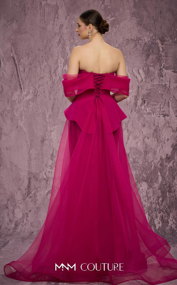 MNM Couture Style Q1010 strapless ballgown with a crystal-embellished deep V-neckline and flowy organza peplum skirt. \Couture Shop LA