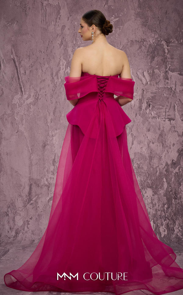 MNM Couture Style Q1010 strapless ballgown with a crystal-embellished deep V-neckline and flowy organza peplum skirt. \Couture Shop LA