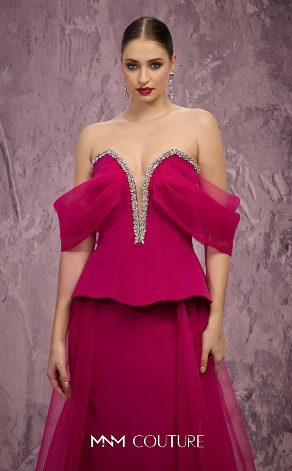 MNM Couture Style Q1010 strapless ballgown with a crystal-embellished deep V-neckline and flowy organza peplum skirt. \Couture Shop LA