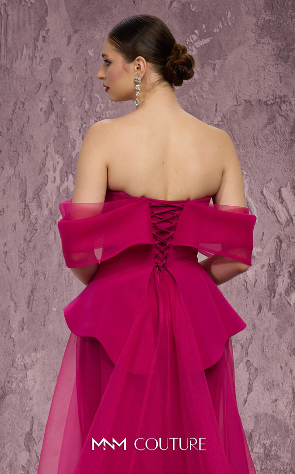 MNM Couture Style Q1010 strapless ballgown with a crystal-embellished deep V-neckline and flowy organza peplum skirt. \Couture Shop LA