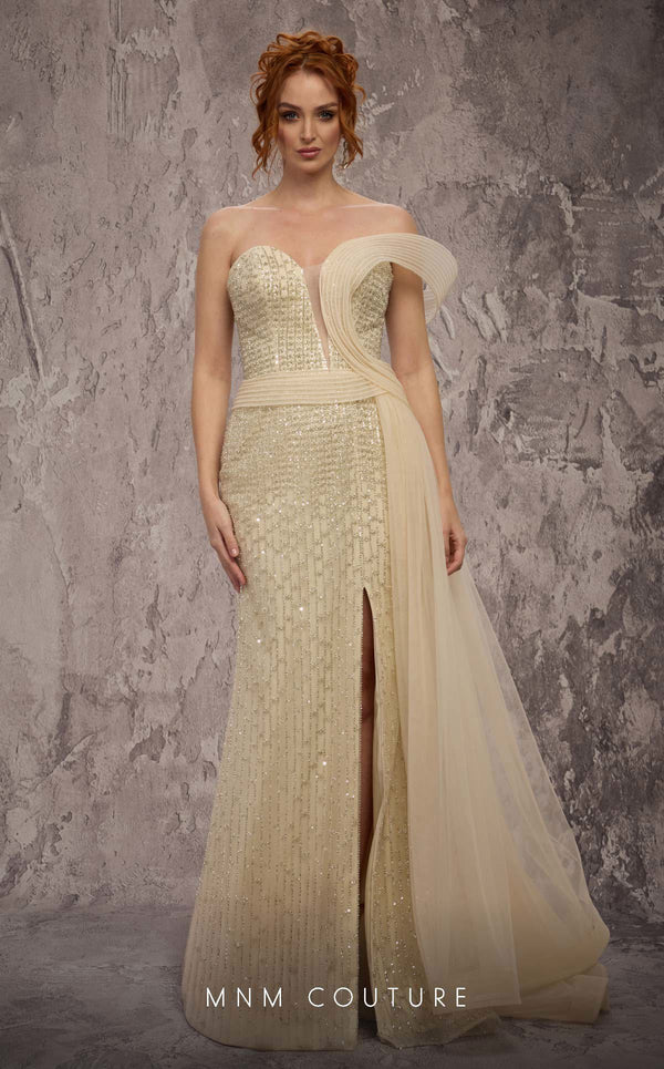 MNM Couture Style Q1405 strapless gown with beadwork, structured peplum, and off-the-shoulder strap. \ Couture Shop LA