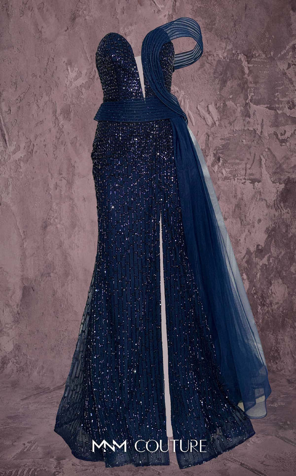MNM Couture Style Q1405 strapless gown with beadwork, structured peplum, and off-the-shoulder strap. \ Couture Shop LA