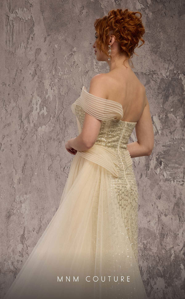 MNM Couture Style Q1405 strapless gown with beadwork, structured peplum, and off-the-shoulder strap. \ Couture Shop LA