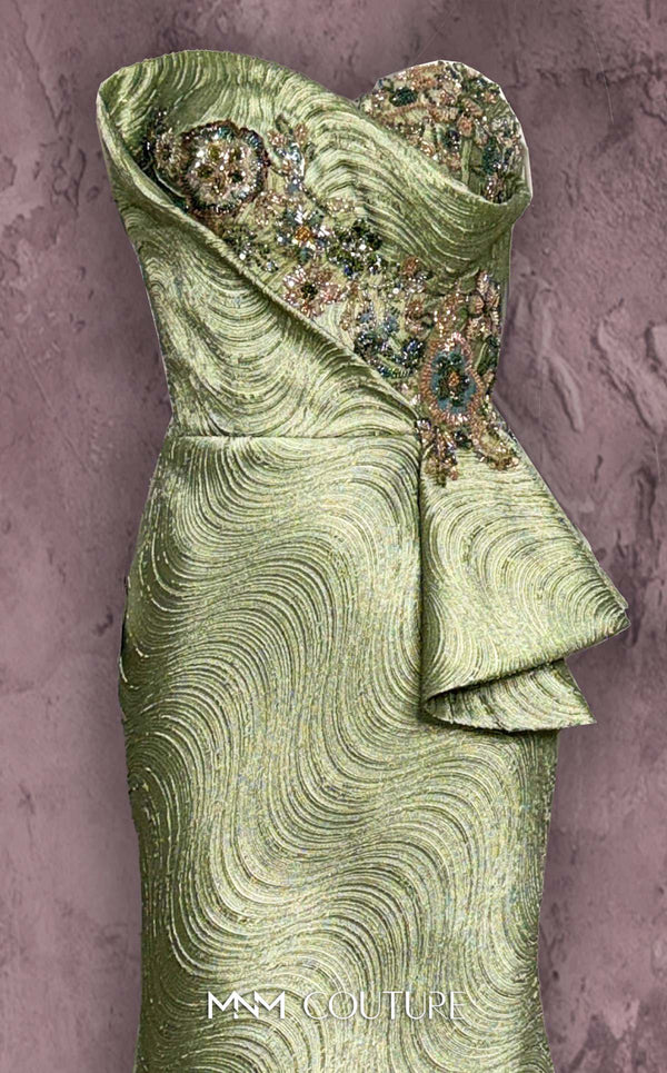 MNM Couture Style Q2908 strapless brocade mermaid gown with beaded embellishments, asymmetrical neckline, and side peplum. \ Couture Shop LA