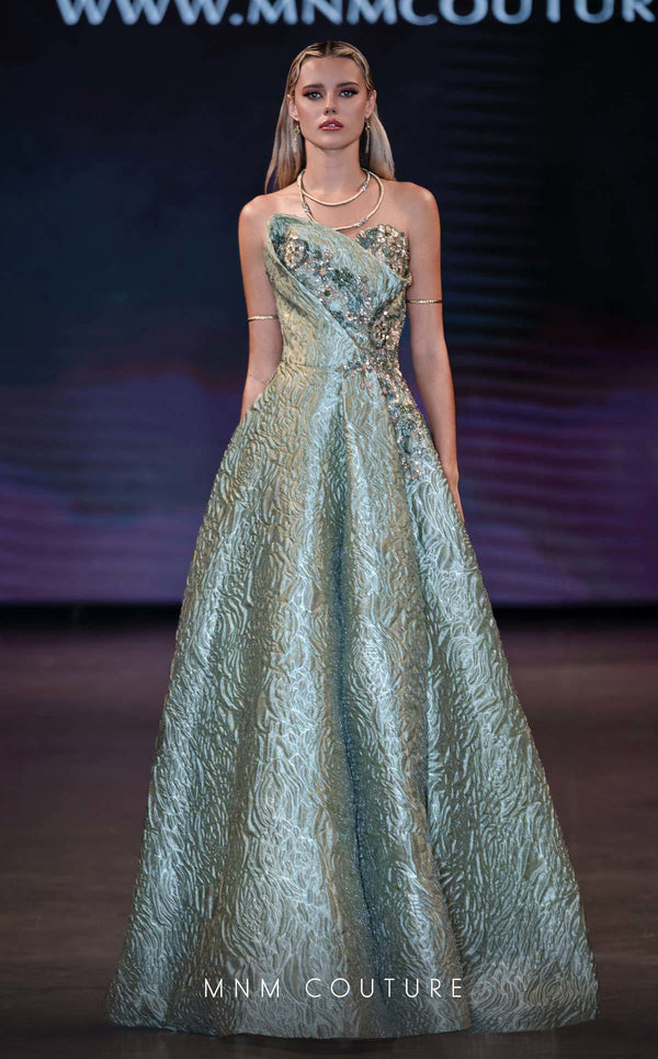 MNM Couture Style Q3355 strapless brocade A-line gown with a beaded bodice and flowing skirt. \ Couture Shop LA